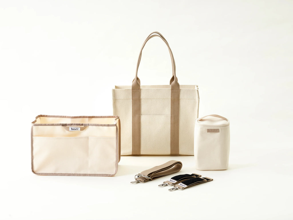 bebefit.eu Diaper Bag Set, includes beige tote, organizer, bottle pouch, and straps