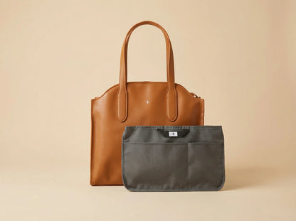 bebefit.eu brown leather tote bag with gray removable organizer, premium baby gear